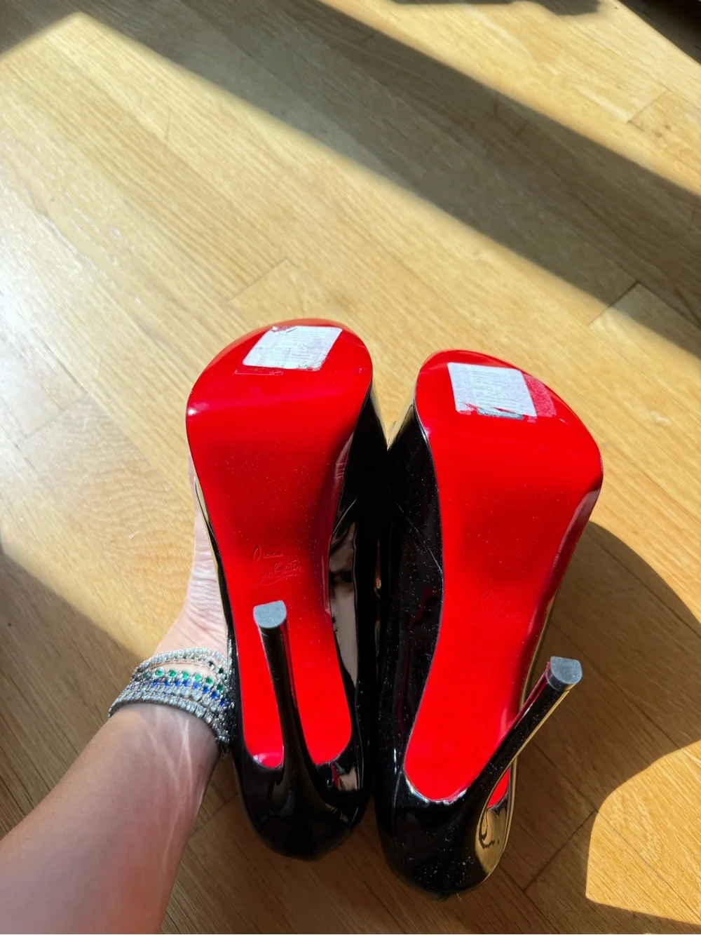 Christian Louboutin Black Patent Peep-Toe Lace-Up Platform Pumps with Red Sole